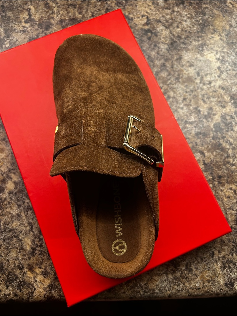 Wishbone Brown Suede Buckle Mule